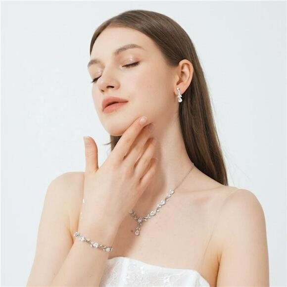 Wedding Jewelry Set Bride Bridesmaid Cubic Zirconia Necklace Earrings Bracelet G - Picture 3 of 7